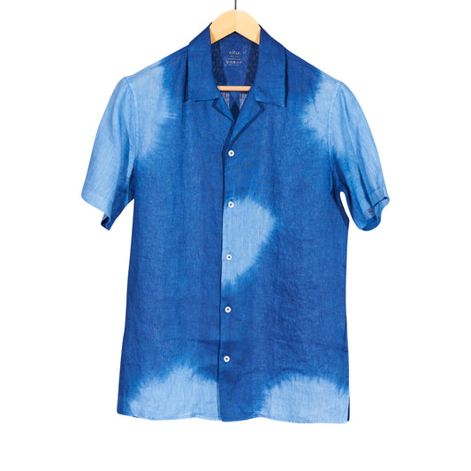 Royal Blue Tie Dye Short Sleeve Linen Shirt