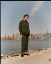 Garment Dyed Twisted Seam Trouser Dark Olive Tencel Linen Cotton