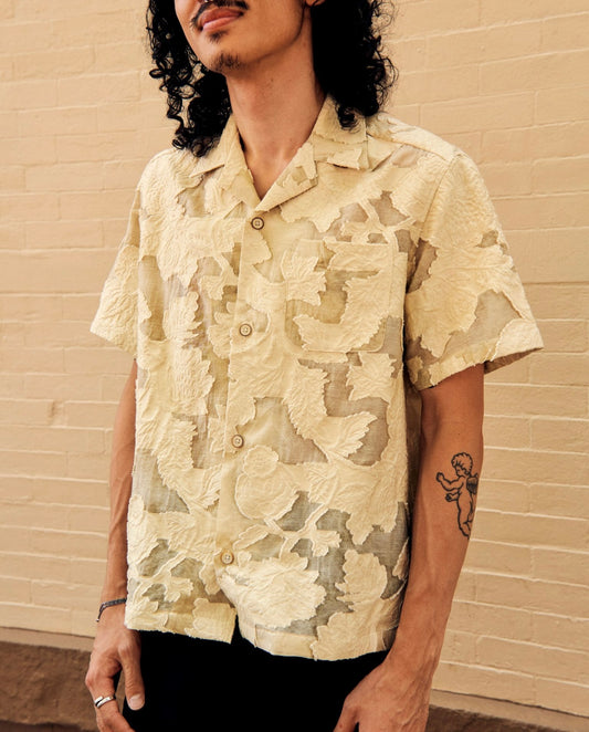 Ture Short Sleeve Camp Shirt Beige Floral Burnout