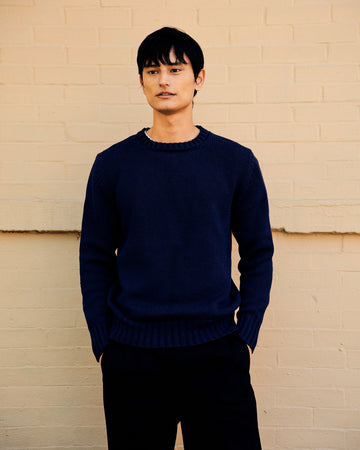 Crewneck Sweater Tricotine Cotton Yarn Navy