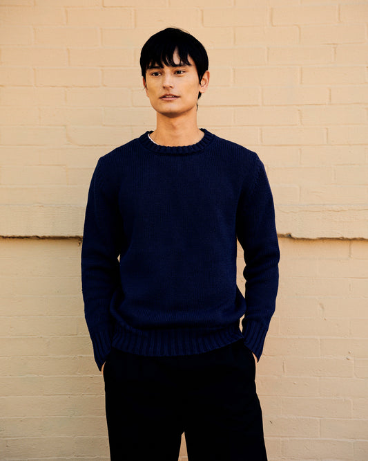 Crewneck Sweater Tricotine Cotton Yarn Navy