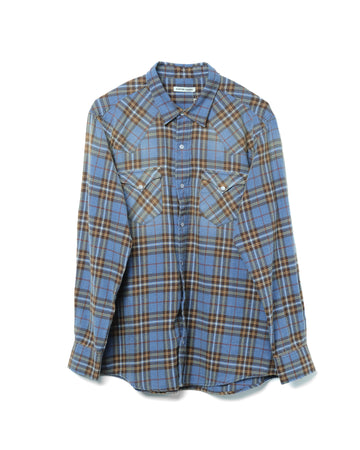 Washed Flannel Western Shirt Cotton Cornflower Plaid