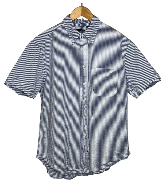 White Blue Seersucker Stripe Short Sleeve One Pocket Shirt