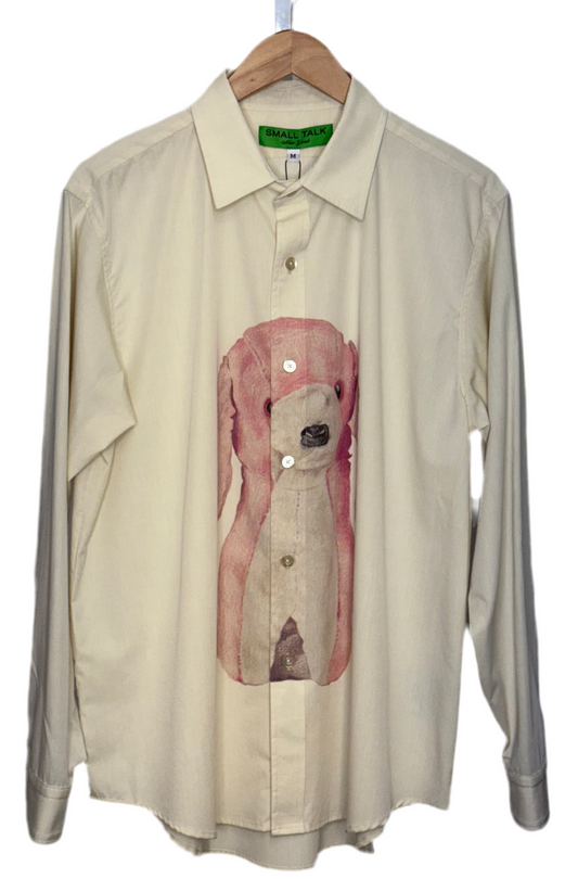 Stuffed Animal Print Dress Shirt Beige Pink Dog