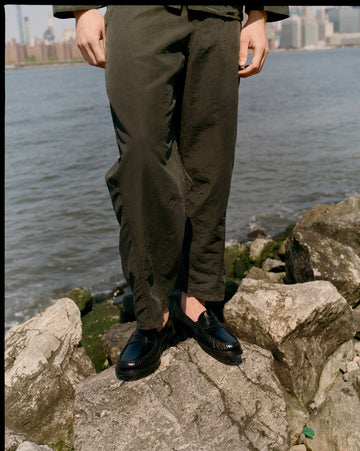 Garment Dyed Twisted Seam Trouser Dark Olive Tencel Linen Cotton