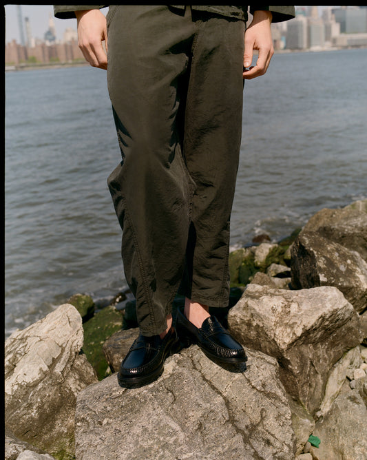 Garment Dyed Twisted Seam Trouser Dark Olive Tencel Linen Cotton