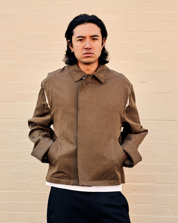 Cotton Linen Zip Front Blouson Olive