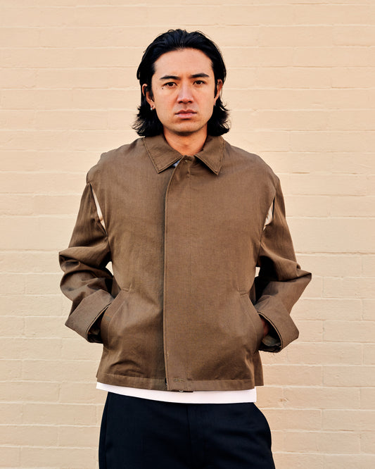 Cotton Linen Zip Front Blouson Olive