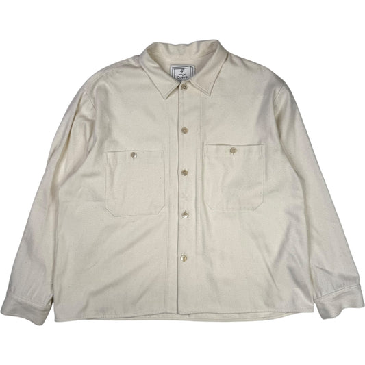 Small Talk Studio x Cueva Collaboration Custom Raw Hem Overshirt White