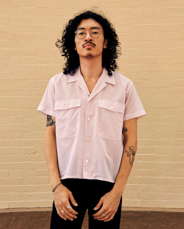 Short Sleeve Open Collar Pink Stripe Polyester Cotton