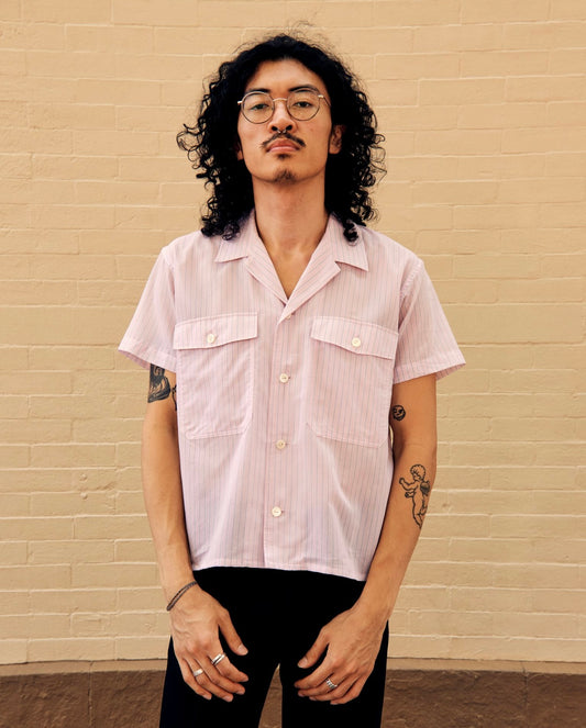 Short Sleeve Open Collar Pink Stripe Polyester Cotton