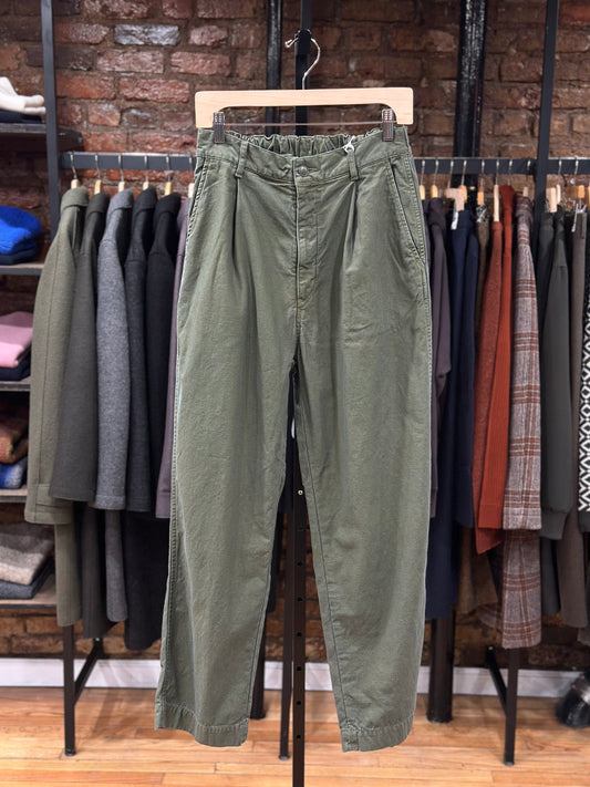 Back Satin Single Pleated Wide Pants Olive Cotton Linen