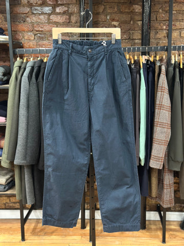 Back Satin Single Pleated Wide Pants Navy Cotton Linen