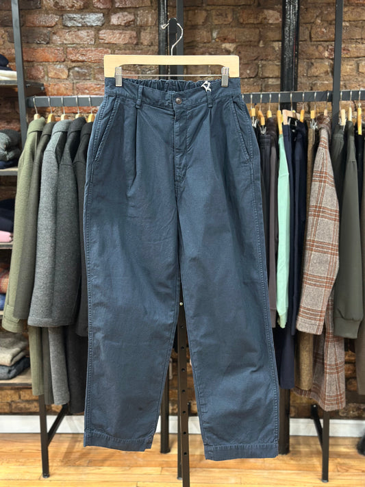 Back Satin Single Pleated Wide Pants Navy Cotton Linen