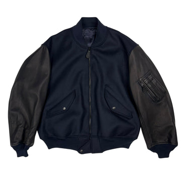 Bomber Jacket Navy Wool Deer Hide Sleeve