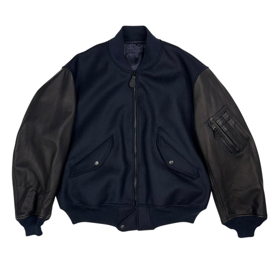 Bomber Jacket Navy Wool Deer Hide Sleeve