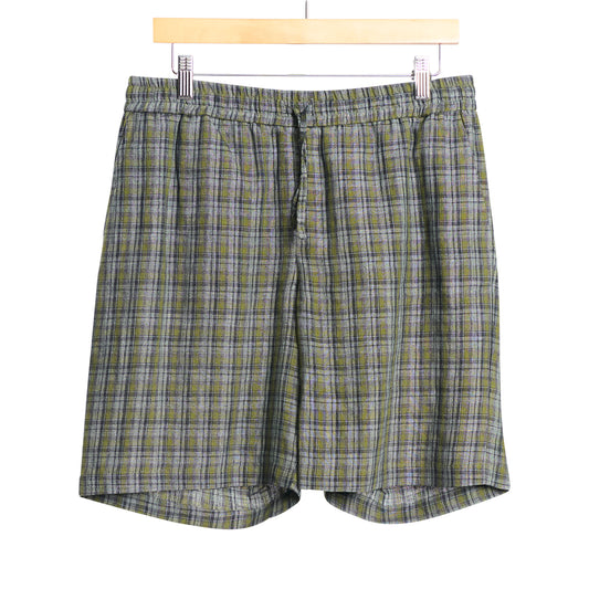Easy Shorts Washed Linen Madras Green Grey Check