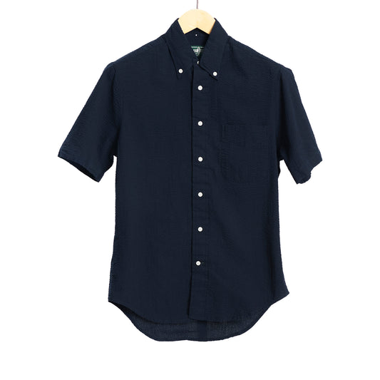 Navy Dyed Seersucker Short Sleeve One Pocket