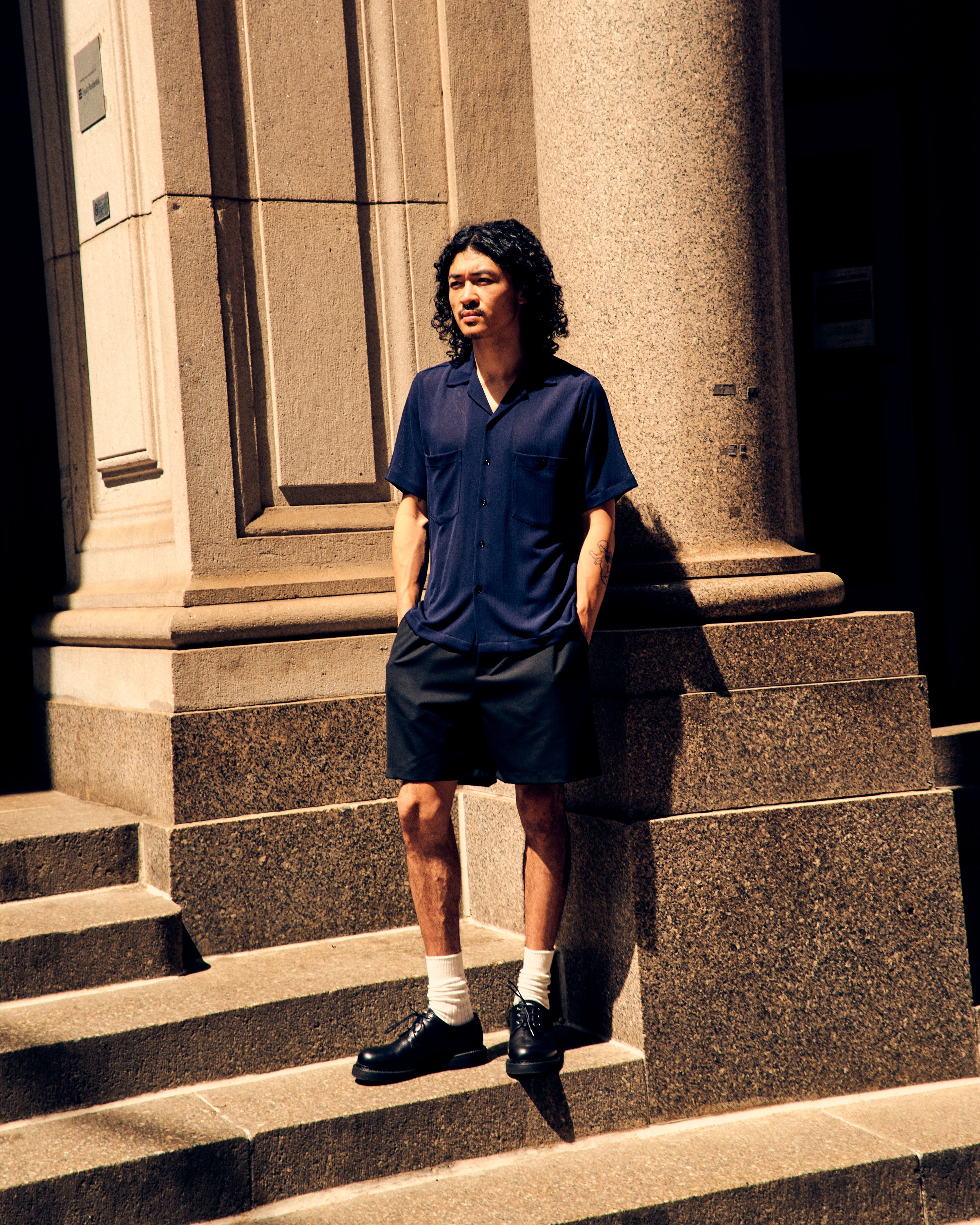 【CUEVA×CMMN SWDN】半袖シャツ Dexter Navy Shirt Japanese Cloth – Cueva